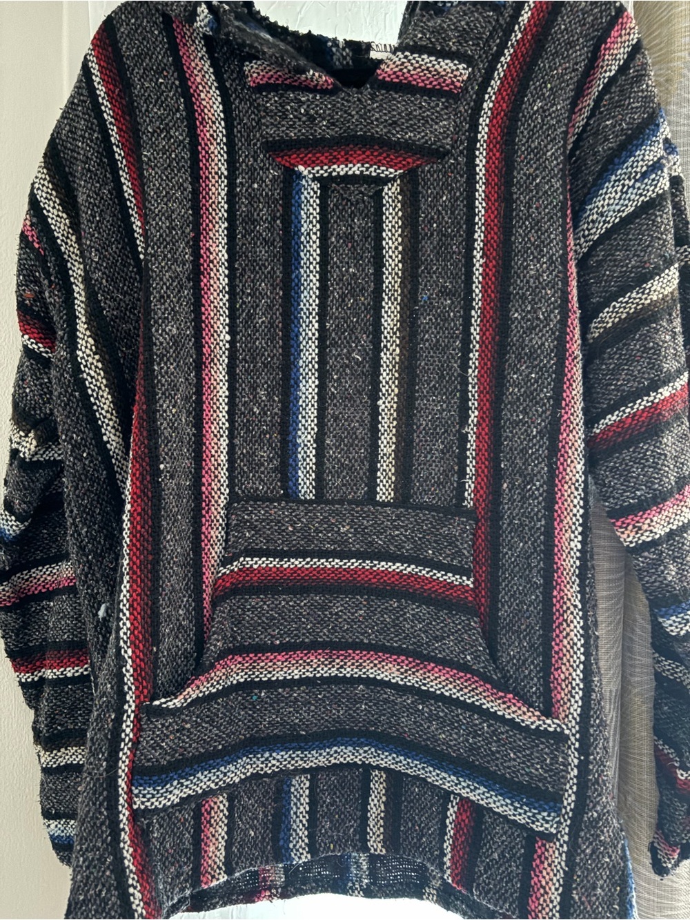 Men's Striped Crewneck Baja Sweater - Gray with Red & Blue